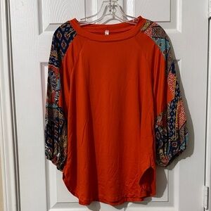Emerald Orange Blouse with Patchwork Sleeves